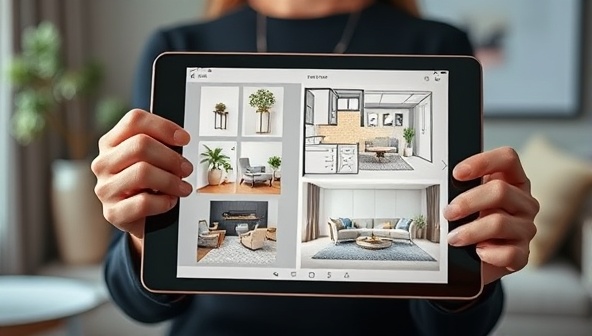 An elegant and sophisticated virtual interior design consultation setup featuring a designer showcasing a digital mood board, a room layout plan, and a selection of furniture and decor items on a tablet screen, creating an immersive and visually captivating design experience.