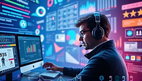 An imaginative visualization of a designer interacting with a futuristic headset, commanding design elements through voice prompts, surrounded by a digital workspace filled with dynamic design elements, illustrating the seamless integration of voice technology in web design processes.