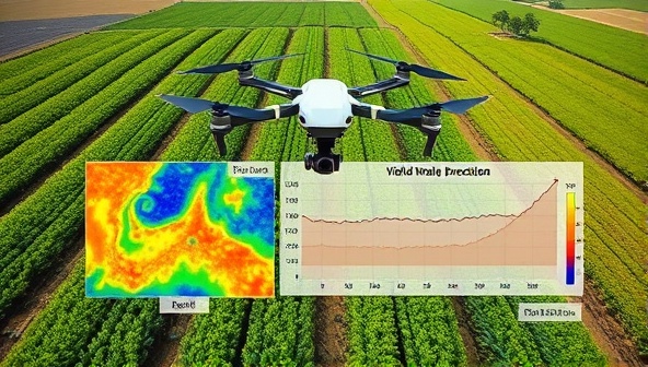 An agricultural landscape with drone imagery showing detailed crop health maps and heat signatures, overlaid with data analytics indicating yield predictions and soil moisture levels, demonstrating the precision and efficiency of drone-based agricultural services for modern farming practices.