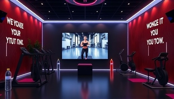A modern and sleek virtual fitness studio setup with a large screen displaying a live workout session, surrounded by fitness equipment, water bottles, and motivational quotes, creating an immersive and energetic atmosphere.