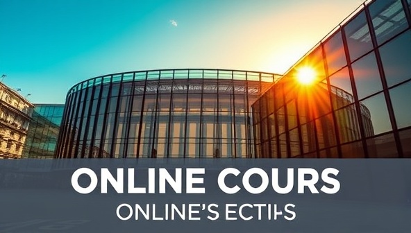 An online course promotional image featuring a stunning architectural photograph of a modern building illuminated by golden sunlight, with overlays of camera settings and editing tools, showcasing the blend of creativity and technical skills in architectural photography.