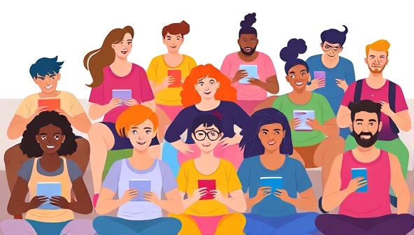 A vibrant digital illustration of a diverse group of individuals working out together virtually, each following a personalized plan on their devices, showcasing inclusivity and motivation.
