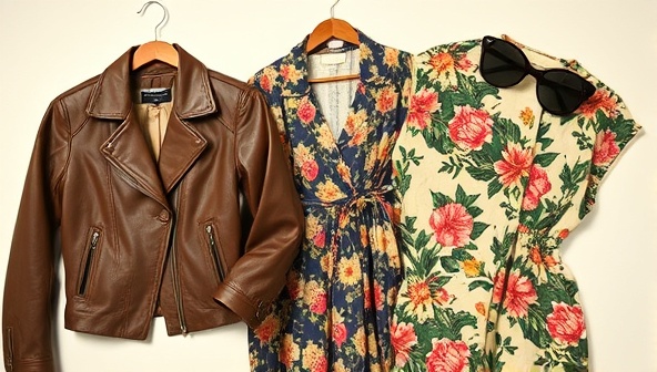 An artistic collage of vintage clothing items like a retro leather jacket, a floral midi dress, and a pair of cat-eye sunglasses, arranged in a visually appealing manner to evoke a sense of nostalgia and style, capturing the essence of the online vintage marketplace.