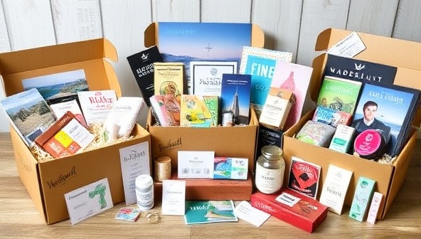An assortment of beautifully arranged subscription boxes filled with unique products from different travel destinations, showcasing the variety and quality of items included in Wanderlust Crates.