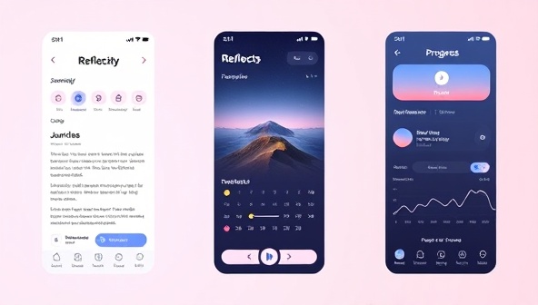 A serene app interface of Reflectify, showcasing a minimalist design with calming colors, journaling prompts, mood tracking features, and a progress dashboard, creating a soothing and reflective digital space for users to explore their thoughts and emotions.