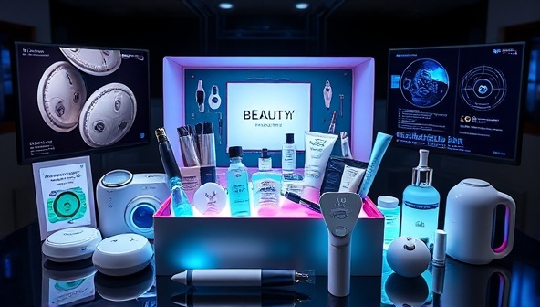 A high-tech beauty subscription box filled with futuristic beauty gadgets, smart skincare devices, and cutting-edge beauty tools, surrounded by digital screens displaying beauty tech features and functionalities, creating a tech-savvy and innovative beauty experience.