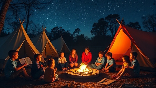 An outdoor storytelling camp scene with children gathered around a campfire, listening intently to a storyteller spinning tales under a starlit sky, surrounded by tents and nature elements, evoking a sense of wonder and creativity at WildTales Camps.