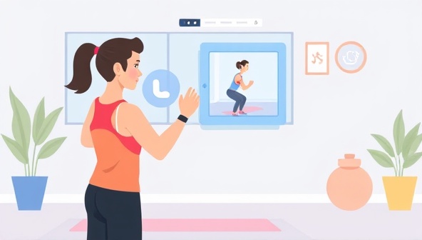An engaging digital illustration of a virtual fitness coach guiding a client through a workout session via video call, showcasing the convenience and personalization of FitSync Coach's services.