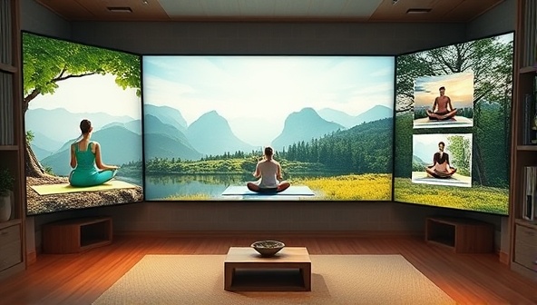 An inviting virtual retreat setting with serene nature backgrounds, calming yoga poses, meditation sessions, and wellness workshops displayed on a screen, creating a tranquil and rejuvenating atmosphere for participants seeking inner peace and relaxation.