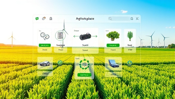 An engaging visual featuring a virtual marketplace interface with a diverse range of sustainable agri-tech products displayed, surrounded by lush green fields and wind turbines, symbolizing the blend of technology and nature in agriculture.