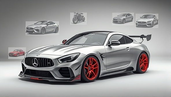 An artistic rendering of a customized car with digital overlays showing potential modifications and upgrades, highlighting the creative and personalized approach of the virtual car customization consultancy.