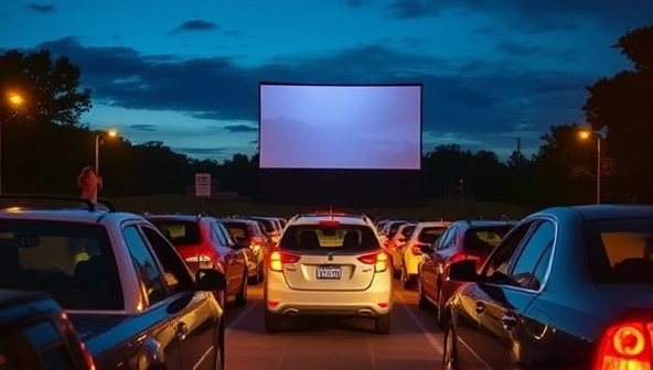 An evening scene with cars parked in front of a large outdoor screen, illuminated by the glow of the movie playing, families and friends enjoying the movie experience from their vehicles, capturing the essence of a nostalgic drive-in theater.