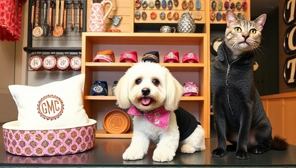 An adorable image of PawPerks Boutique showcasing a display of customized pet accessories such as monogrammed collars, luxurious pet beds, and stylish pet clothing, with a fluffy dog and a sleek cat posing elegantly, highlighting the boutique's commitment to pet fashion and personalization.