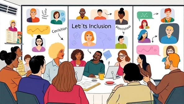 An inclusive virtual workshop setting with diverse avatars engaging in a lively discussion, surrounded by colorful diversity and inclusion graphics, fostering a sense of belonging and learning.