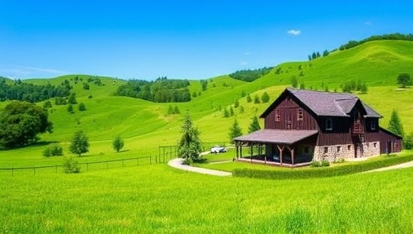A serene landscape image of a lush green farm retreat surrounded by rolling hills and clear blue skies, featuring a rustic barn, vegetable gardens, and cozy eco-friendly accommodations, inviting travelers to experience the tranquility and sustainability of GreenHarvest Escapes.