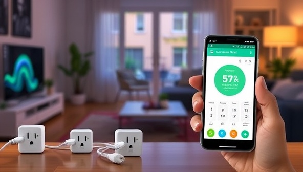 An image of a smart home setup with EcoPlug adapters connected to various devices, a smartphone displaying the control app with energy-saving statistics, and a cozy living room ambiance symbolizing modern energy efficiency and convenience.