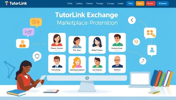 An engaging platform interface displaying the TutorLink Exchange marketplace, with colorful profiles of peer tutors and student learners connecting virtually for tutoring sessions, surrounded by academic resources and interactive study tools, highlighting a collaborative and student-centric tutoring environment.