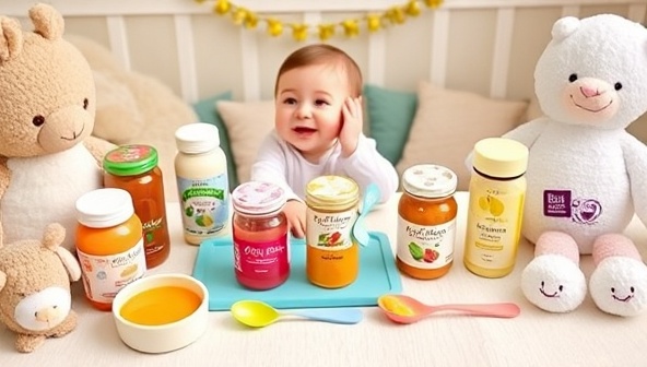 A charming baby mealtime setup with an array of colorful, nutritious baby food jars, soft silicone spoons, and playful feeding accessories, surrounded by plush toys and comforting nursery decor, reflecting the purity and care embodied by PureTots Organics' offerings.