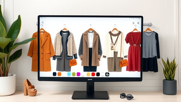A stylish virtual styling session with a computer screen displaying different outfit options, fashion accessories, and color palettes, creating a visually appealing and trendy atmosphere.