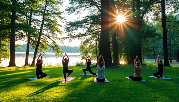 A peaceful image of a group practicing yoga on a lush green meadow surrounded by towering trees, with a serene lake in the background and the sun casting a warm glow, capturing the essence of tranquility and wellness in nature during the retreat.