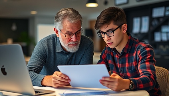 An experienced designer providing feedback and mentorship to a young designer, both engaged in a collaborative design review session on a digital platform, symbolizing guidance and skill development in the design field.