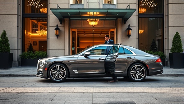 An elegant luxury car parked in front of a grand hotel entrance, with a valet opening the door, symbolizing the high-end automotive concierge experience.