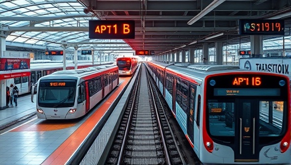 An urban transit hub with buses and trains smoothly arriving and departing in perfect synchronization, guided by the intelligent optimization of TransitIQ's platform, showcasing the efficiency and reliability of AI-powered public transport management for seamless commuting experiences.