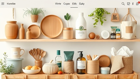 An aesthetically pleasing online marketplace interface showcasing a variety of eco-friendly products, including reusable kitchenware, organic skincare, biodegradable packaging, and sustainable fashion items, evoking a sense of environmentally conscious shopping and lifestyle choices.