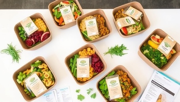 A set table with a variety of colorful and appetizing plant-based meal prep packages from Green Plate Preps, neatly arranged in eco-friendly containers, accompanied by fresh herbs and recipe cards, showcasing the convenience and health benefits of the service.
