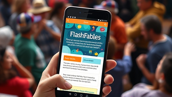 An interactive mobile screen displaying the FlashFables app interface with vibrant colors, engaging visuals, and snippets of captivating microfiction stories, surrounded by a diverse group of virtual readers and writers actively participating in writing challenges and sharing their creative works, inspiring a sense of community and storytelling passion.