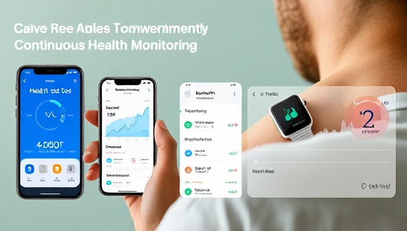 An engaging visual of a user wearing a digital health monitoring wearable, with real-time health data displayed on a smartphone app, personalized health insights, and a trend analysis graph, showcasing the convenience and empowerment of continuous health monitoring.