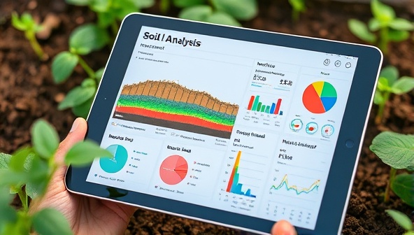 A detailed soil analysis report displayed on a tablet screen, showing colorful data visualizations and key insights on nutrient levels, soil pH, and microbial diversity, emphasizing the precision and expertise of the agri-tech soil health analysis service.
