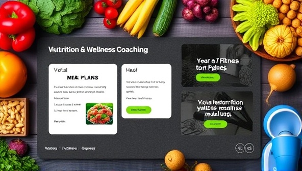 A digital wellness platform interface displaying personalized meal plans, fitness tips, and motivational quotes, surrounded by images of fresh fruits, vegetables, and exercise equipment, representing virtual nutrition and wellness coaching services.