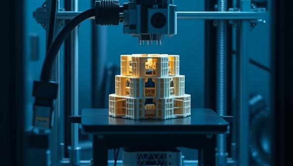 A high-tech 3D printer in action, manufacturing intricate construction components with precision and speed, showcasing the cutting-edge technology and customization possibilities offered by the subscription service.