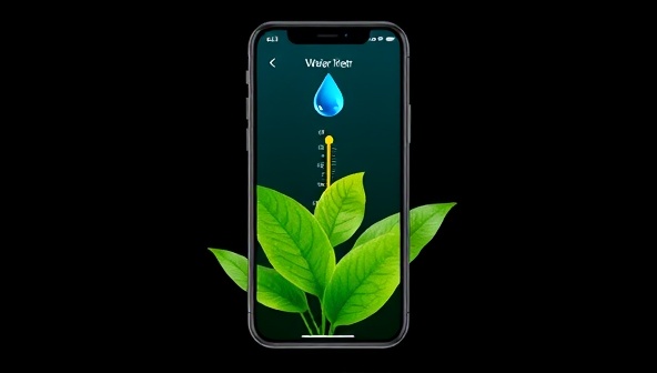 An interactive app interface displaying a water droplet meter with vibrant green leaves, symbolizing eco-conscious water management and sustainability.