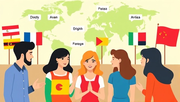 An interactive language exchange setting with avatars representing users from different countries engaging in conversations in multiple languages, cultural symbols and flags in the background, fostering a vibrant and inclusive global language learning community.