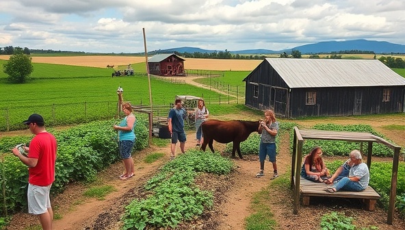 An image of a picturesque farm setting with guests enjoying a farm stay experience, participating in activities like harvesting crops, feeding animals, and cooking farm-fresh meals, surrounded by rustic charm and natural beauty, evoking a sense of relaxation and farm immersion.