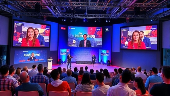 A dynamic virtual event setup with multiple screens displaying engaging content, a virtual stage with interactive features, and a diverse group of virtual attendees, capturing the essence of a modern and immersive online event experience.