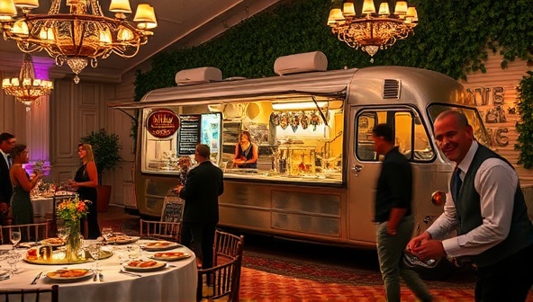 An elegant event setting with a gourmet food truck parked next to a beautifully decorated dining area, featuring a display of upscale dishes, interactive food stations, and smiling guests enjoying the unique culinary experience, exuding sophistication and culinary delight.