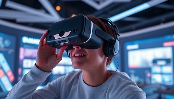 An engaging VR environment with a user wearing a headset, exploring a 3D representation of a website design with interactive elements, creating a futuristic and captivating visual experience.