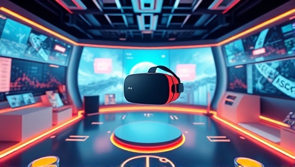 An immersive virtual reality scene featuring a brand's product floating in a digital space surrounded by interactive elements and engaging visuals, illustrating the transformative power of VRengage in creating impactful brand experiences.