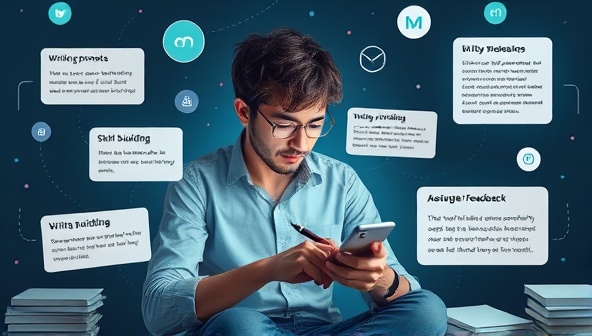 An imaginative depiction of a writer using the app on a mobile device, surrounded by virtual writing prompts, skill-building exercises, and personalized feedback notifications, showcasing the adaptive and interactive nature of the app in enhancing writing skills and fostering creativity.