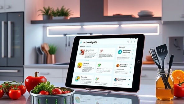 An imaginative image of a futuristic kitchen setup with a digital tablet displaying the SmartPalate AI platform, suggesting personalized recipe recommendations based on the user's preferences, surrounded by fresh ingredients and cooking utensils, blending technology and culinary creativity.