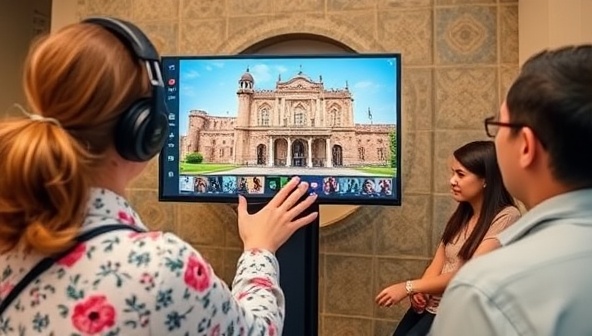 A dynamic virtual tour guide interacting with a diverse online audience, showcasing a historical landmark on the screen while sharing intriguing stories and engaging participants in interactive activities, illustrating an immersive and educational virtual travel experience.