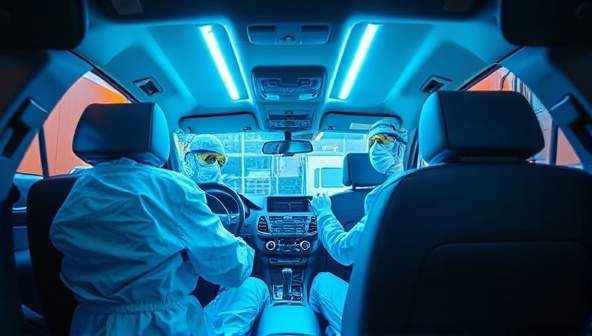 A car interior bathed in UV light with GermGuard Auto technicians in protective gear, showcasing the advanced sanitization process and commitment to vehicle hygiene and safety.