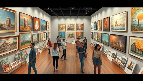 A virtual art gallery space with diverse artwork displays, a mix of traditional and contemporary pieces, avatars of visitors exploring the gallery, interactive art installations, and a virtual shop for purchasing artworks, creating an immersive and dynamic art environment.
