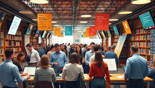 A bustling digital marketplace setting with writers and clients engaging in discussions, submitting bids, and exchanging content drafts, illustrating a vibrant hub of creative collaboration and professional networking.
