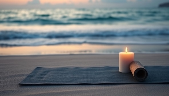 A calming visual of a peaceful beach setting with serene waves, a yoga mat, and a soothing candle, creating a tranquil atmosphere conducive to relaxation and inner peace.