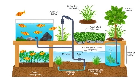 An illustrative diagram showing the interconnected components of an aquaponics system, with fish tanks, growing beds, and water circulation, demonstrating the sustainable cycle of nutrient-rich water supporting plant growth and fish health.