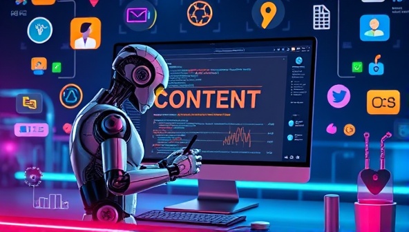 A futuristic digital interface displaying an AI-powered robot writing content on a sleek computer screen, surrounded by creative icons and vibrant colors, symbolizing cutting-edge technology in content creation.
